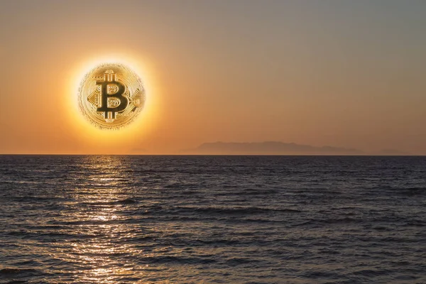 Bitcoin Simgesi Olan Gün Batımı Düşen Cryptocurrency Kavramı — Stok fotoğraf