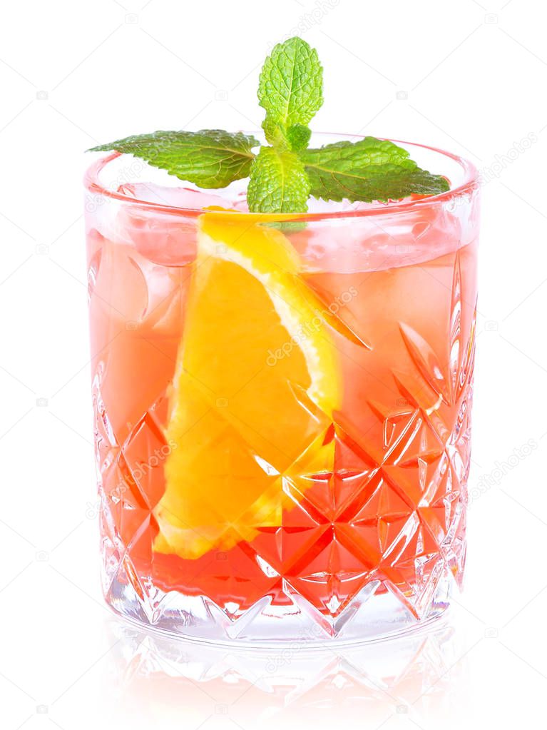 Glass of cocktail with reflection isolated on white background