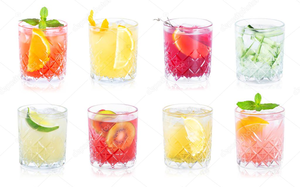 Set of different alcoholic cocktails with refclections isolated on white bachground