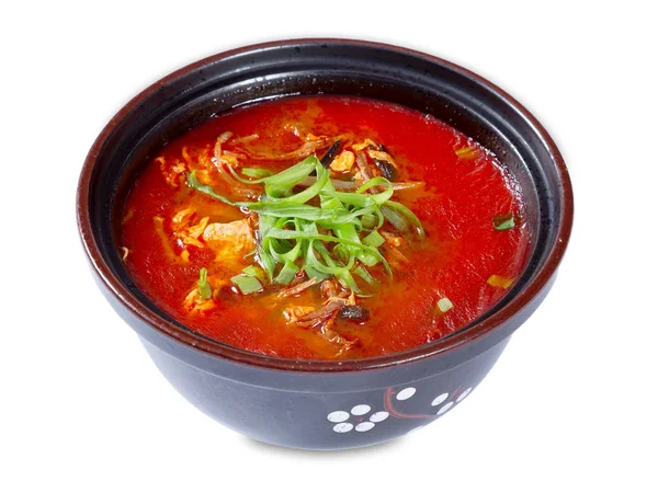 Bol Soupe Coréenne Épicée Avec Kimchi Bacon Tofu Isolé Sur — Photo