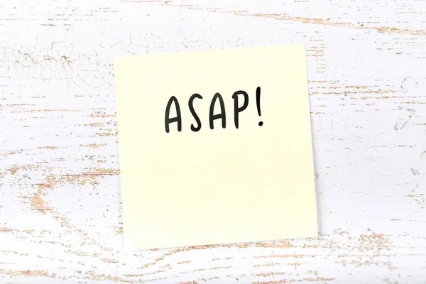 Yellow Sticky Note Wooden Desk Handwritten Text Asap — Stock Photo, Image