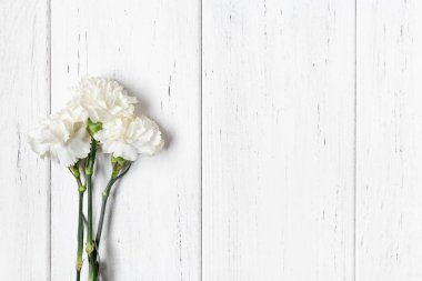 Beyaz Karanfil ahşap masa backgeound üzerinde. Kopya alanı