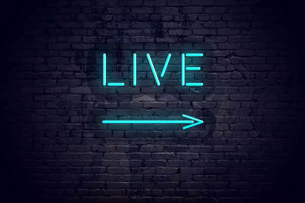 Brick wall with neon arrow and sign live — Stock Photo, Image
