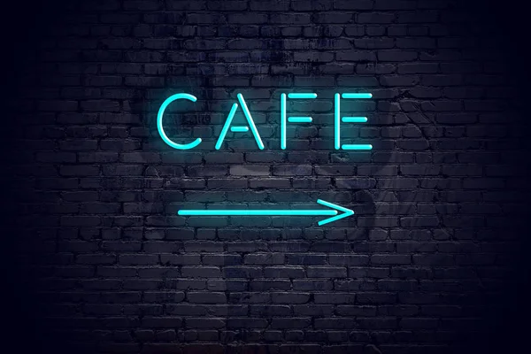 Neon oku ve imzala kafe ile tuğla duvar — Stok fotoğraf