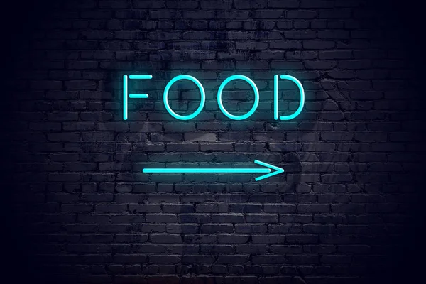 Brick wall with neon arrow and sign food — Stock Photo, Image