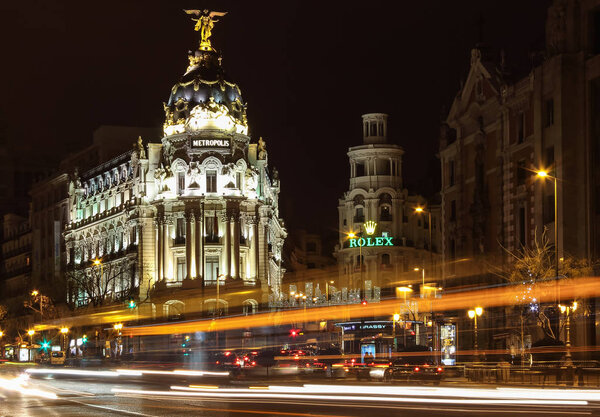 6 January 2014. Madrid, Spain: traffic lights and architecture of Gran Via street.
