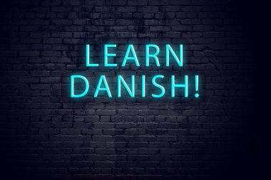 Tuğla duvar ve yazıtlı neon işareti. Danimarkaca öğrenme kavramı
