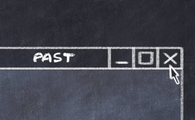 Bilgisayar ekranında pencerenin tebeşirle çizimi. Geçmişi durdurma kavramı