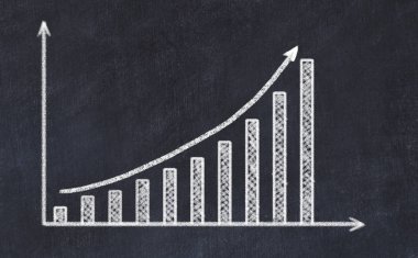 Yukarı ok ile artan grafik Tebeşir tahtası çizimi. İş kavramı.