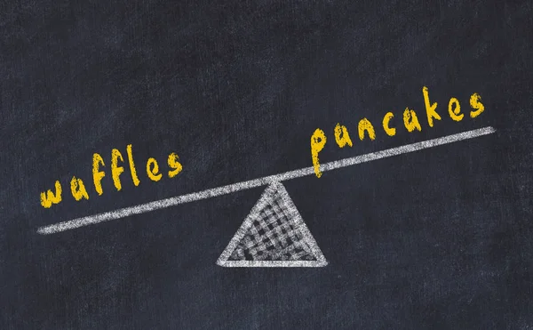 Chalk board sketch of scales. Concept of balance between pancakes and waffles