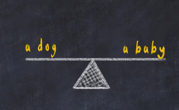 Το σκίτσο του πίνακα με τις κλίμακες. Έννοια της ισορροπίας μεταξύ ενός σκύλου και ενός μωρού — Φωτογραφία Αρχείου