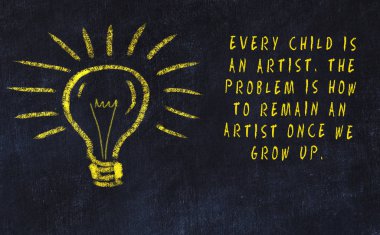 Sanat ve yaratıcılık hakkında ampul ve yazıt tebeşir çizimi