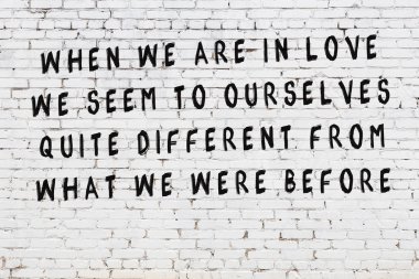 Bilgece alıntıların yazılı olduğu siyah boyanmış beyaz tuğla duvar