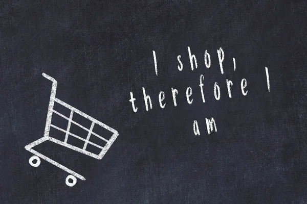 Kréta rajza bevásárlókosár és rövid idézet a vásárlásról szóló fekete tábla — Stock Fotó