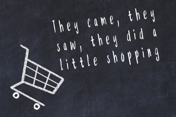 Gesso disegno del carrello della spesa e breve citazione di shopping su lavagna nera — Foto Stock