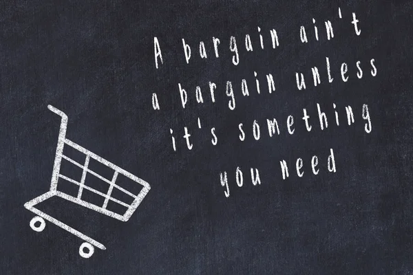 Chalk drawing of shopping cart and short quote about shopping on black board — Stock Photo, Image