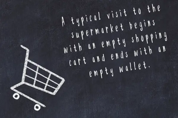 Chalk drawing of shopping cart and short quote about shopping on black board — Stock Photo, Image