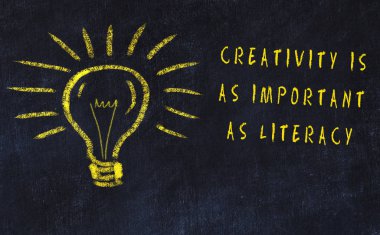 Sanat ve yaratıcılık hakkında ampul ve yazıt tebeşir çizimi