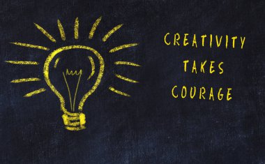 Sanat ve yaratıcılık hakkında ampul ve yazıt tebeşir çizimi