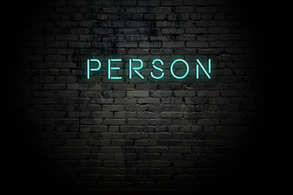 Markerad tegelvägg med Neon Inscription person — Stockfoto