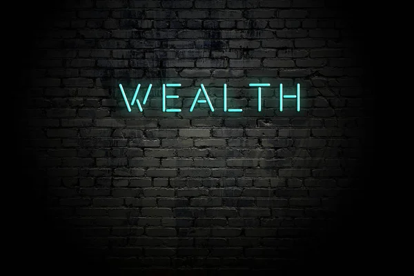 Highlighted brick wall with neon inscription wealth — Stock Photo, Image