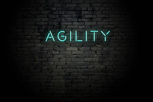 Gemarkeerde bakstenen muur met neon inscriptie Agility — Stockfoto