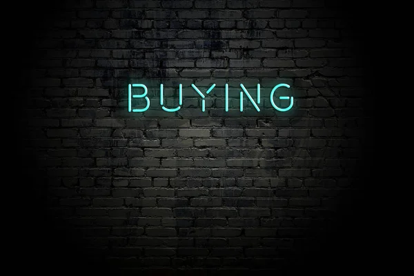 Highlighted brick wall with neon inscription buying — Stock Photo, Image