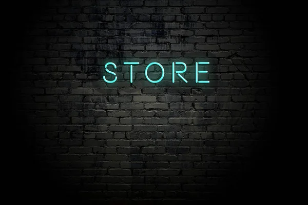 Markerad tegelvägg med neoninskrift butik — Stockfoto