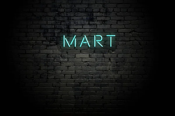 Muro di mattoni in evidenza con neon iscrizione mart — Foto Stock