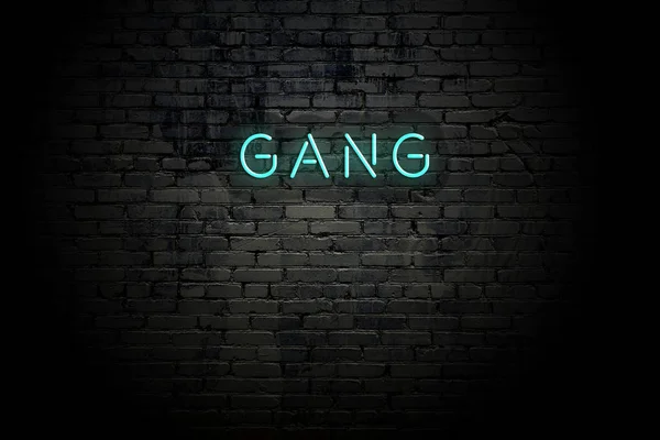 Highlighted brick wall with neon inscription gang — Stock Photo, Image