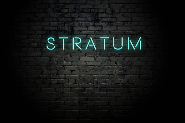 Gemarkeerde bakstenen muur met neon inscriptie stratum — Stockfoto