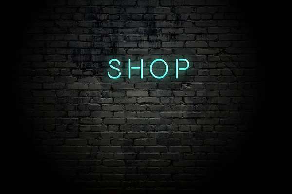 Neon yazıt dükkanı ile vurgulanmış tuğla duvar — Stok fotoğraf