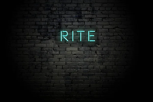 Markerad tegelvägg med neoninskrift Rite — Stockfoto