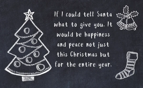 Drawing of christmas tree and handwritten greetings on black chalkboard — Stock Photo, Image