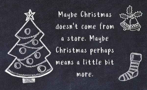 Drawing of christmas tree and handwritten greetings on black chalkboard — Stock Photo, Image