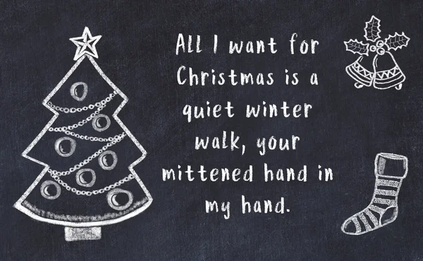 Drawing of christmas tree and handwritten greetings on black chalkboard — Stock Photo, Image