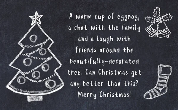 Drawing of christmas tree and handwritten greetings on black chalkboard — Stock Photo, Image