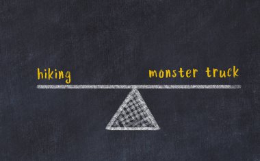 Tebeşir tahtası çizimi. Yürüyüş ve canavar kamyon rallisi arasındaki denge kavramı