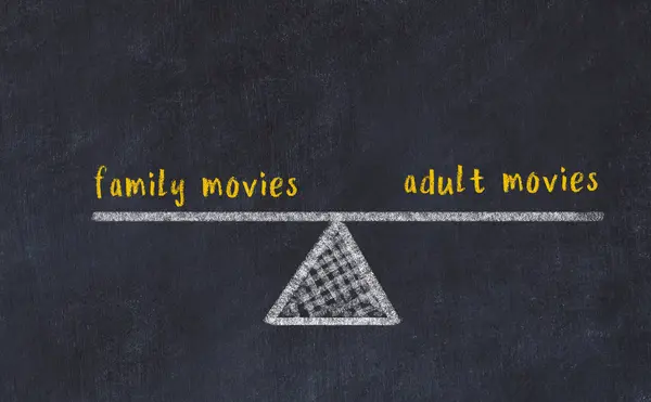 Krijtbord schets van schalen. Evenwicht tussen gezinsfilms en films voor volwassenen — Stockfoto