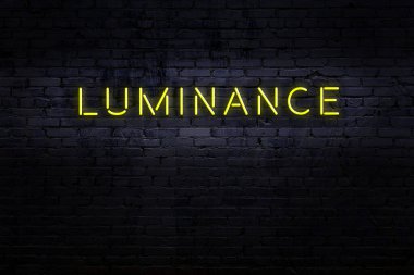 Neon işareti. Kelimeler tuğla duvara karşı parlıyor. Gece görünümü