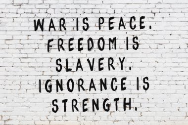 Beyaz tuğla duvar arkaplanına siyah düşünceli bir yazı.