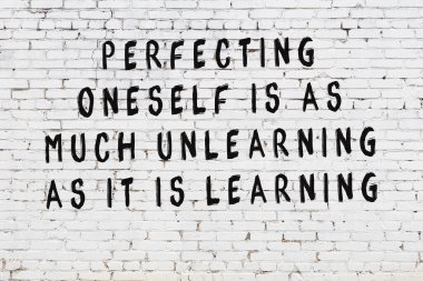 Bilgece alıntıların yazılı olduğu siyah boyanmış beyaz tuğla duvar