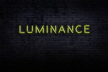 Neon işareti. Kelimeler tuğla duvara karşı parlıyor. Gece görünümü