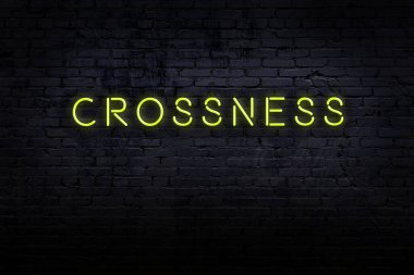 Neon işareti. Tuğla duvara karşı kelime uyuşmazlığı. Gece görünümü