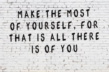 Bilgece alıntıların yazılı olduğu siyah boyanmış beyaz tuğla duvar