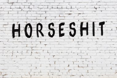 Üzerinde siyah boya yazılı at pisliği olan beyaz duvar.