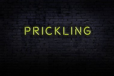 Tuğla duvardaki neon ışıklarının gece görüşü ve dikenli yazı.