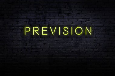 Neon işareti. Kelime öngörüsü tuğla duvara karşı. Gece görünümü