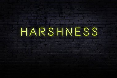 Neon işareti. Duvara karşı sert bir söz. Gece görünümü