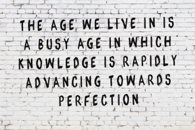 Beyaz tuğla duvara zekice alıntılar yazılı siyah bir yazı.